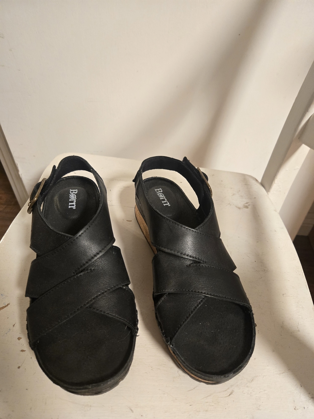 Born Black Crisscross Leather Slingback Wedge Sandals